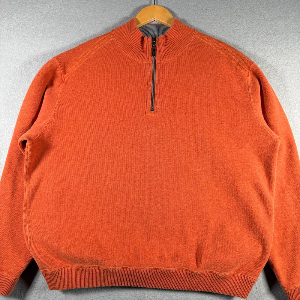 Tommy Bahama Mens XL Reversible Quarter Zip Cotton Sweater Orange Grey Mock Neck